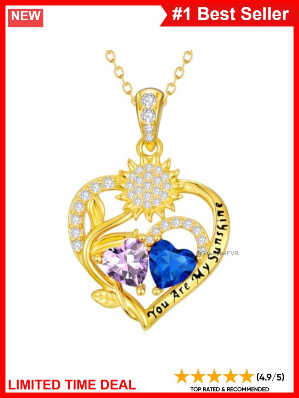 14K Gold Plated Sunflower Double Birthstone Necklace Adjustable Chain Gift